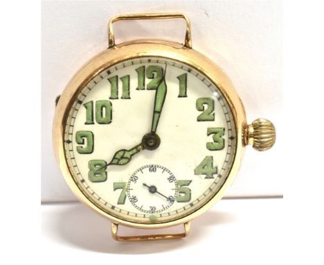 DENNISON 9CT GOLD CASED WATCH HEAD Anonymous white enamel dial, subdial, green Arabic numerals and cathedral hands, inside re