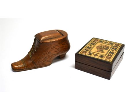 [TREEN] A TUNBRIDGEWARE STAMP BOX  approx 4cm x 3.5cm, and a treen snuff box in the form of a shoe, 6.5cm long (2) Condition 