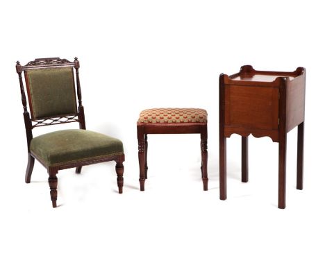 A Victorian walnut nursing chair; together with a mahogany footstool and a George III style mahogany tray-top night commode (