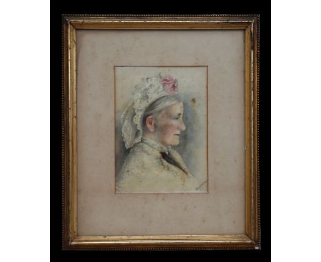 Victorian school - Portrait of Mrs W H Fowler Wearing a Bonnet - initialled 'EEF' and dated 1891 lower left, watercolour, fra