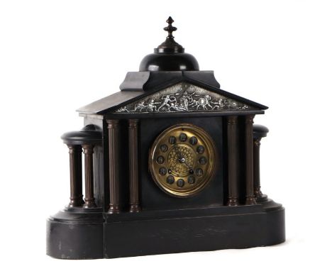 A Victorian black slate mantle clock of architectural form, the brass dial with Arabic numerals.