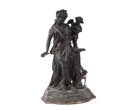 A Victorian spelter group depicting a classical lady with a cherub, 43cms high.Condition ReportThe group is very dusty/dirty,