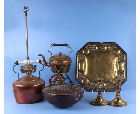 A Hugh Wallis copper bowl; together with a Victorian brass spirit kettle; a copper kettle; a pair of brass candlesticks, a br