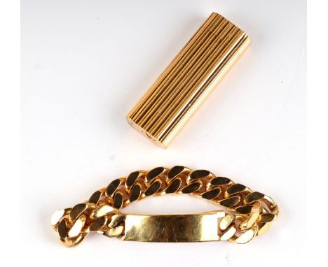 A Cartier gold plated gas lighter, number 81568E; together with a gold plated heavy link identity bracelet (2).