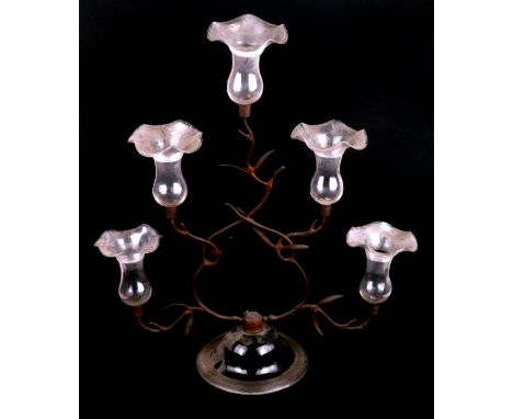 A James Powell glass epergne with five separate flower holders, on a brass branch frame, 50cms high.Condition ReportAll glass