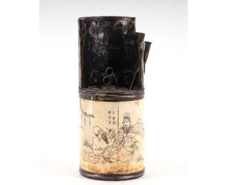 A Chinese white metal mounted bone water pipe decorated with figures and calligraphy, 19.5cms high.