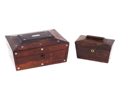 A 19th century rosewood sarcophagus form two-division tea caddy, 20cms wide; together with a similar jewellery box, 30cms wid