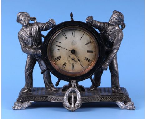 An early 20th century American novelty mantle clock by Mullers &amp; Sons, Number 208, the white paper dial with Roman numera