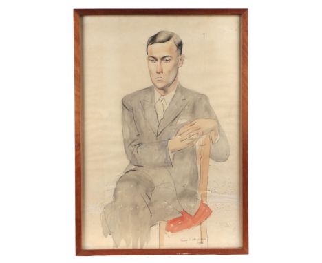 Percy Shakespeare (British 1906-1943) - a full length portrait of a young gentleman wearing a grey lounge suit, watercolour, 