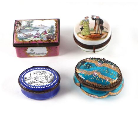 A late 18th century Bilston enamel patch box, the lid decorated with a coastal scene with figures in the foreground, 6cms wid