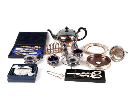 A quantity of assorted silver plated items to include a wine funnel; wine coaster; tea service; cased set of nutcrackers with