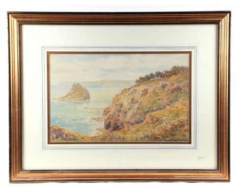 Arthur Suker (1857-1940) - Cornish Seascape with Seagulls Flying Above a Cliff Face - watercolour, signed lower right, framed