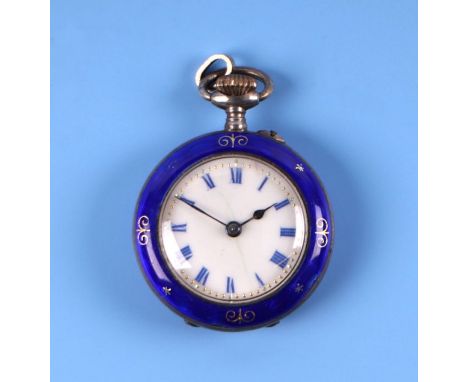 An Edwardian silver and guilloche blue enamel ladies fob watch, the white dial with Arabic numerals, import marks for London 