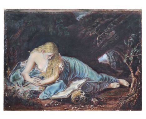 A Pre Raphaelite style Victorian study of a recumbent girl reading a book, indistinctly signed and dated 1897 lower left, oil