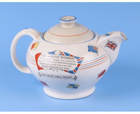 A WWII 'War Against Hitlerism' Teapot by Crown Ducal with inscription 'This Souvenir Teapot was made for Dyson and Horsfall o