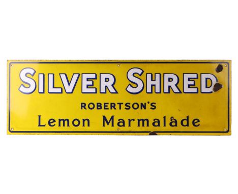 An original enamel advertising sign 'Robertson's Silver Shred Lemon Marmalade' with strong bright colours, 76 by 25.5cms.