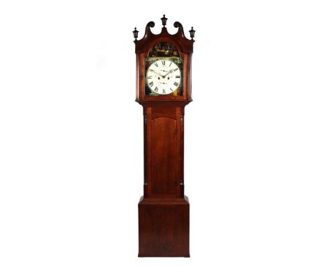 An oak longcase clock, the 30cm square arched painted dial with Roman numerals and subsidiary seconds and minutes dial, the s