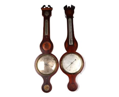 An Edwardian aneroid barometer thermometer and level in a banjo mahogany case, 100cms high; together with another similar, 10