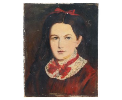 Victorian school - Portrait of a Young Girl Wearing a Red Dress - oil on canvas, unframed, 30 by 38cms.