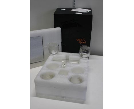 A boxed ships decanter &amp; glasses by Oak &amp; Steel 