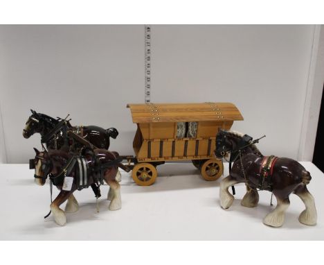 Three ceramic shire horses &amp; a wooden Gypsy style caravan 