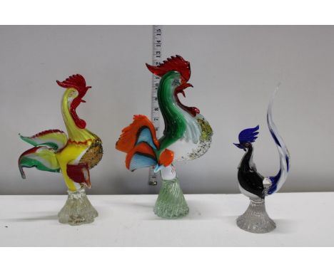 Three Murano style cockerels (largest has some damage) 