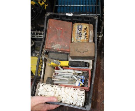 A box of assorted tools &amp; hardware 