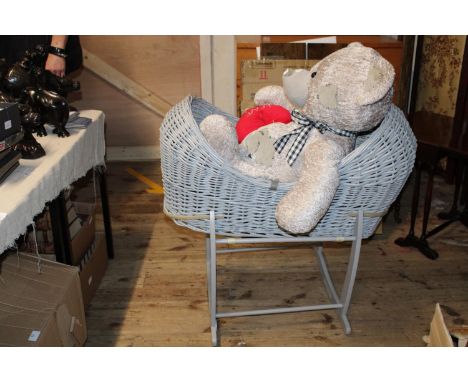 A large wicker basket on a rocking frame &amp; large teddy collection only 