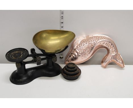 A set of vintage scales &amp; weights &amp; a fish jelly mould 