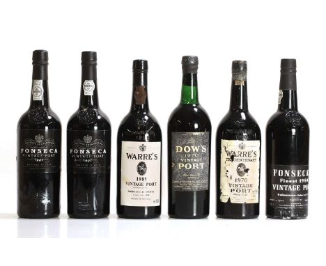 A selection of Vintage Ports, comprising 1 x Dows, 1970, 1 x Warres, 1970, 1 x Fonseca, 1980, 1 x Warres, 1985, 2 x Fonseca, 