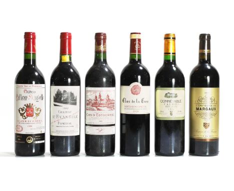 A selection of Bordeaux red wines, comprising 1 x Cos d'Estournel, Saint-Estephe, 1990, 1 x Ch l'Evangile, Pomerol, 1992, 1 x