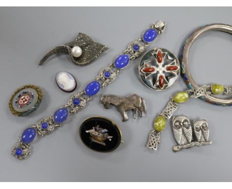 A Chinese white metal and enamel bangle by Wang Hing, a Scottish hardstone brooch, micro mosaic brooch (a.f.), two silver and