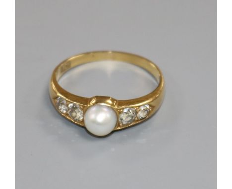 An 18ct gold, single stone cultured pearl and four stone diamond ring, size P/Q.