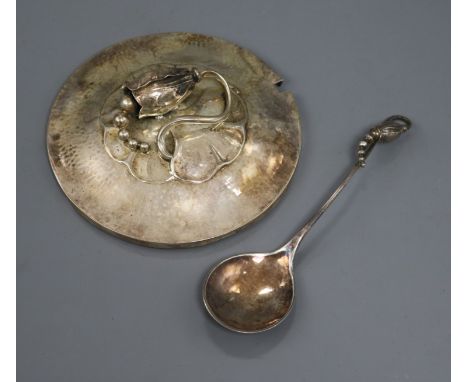 A Georg Jensen sterling silver preserve spoon no. 84? and similar preserve pot lid.