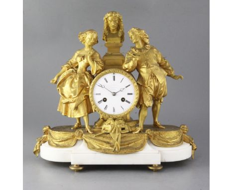 A third quarter of the 19th century French ormolu mounted marble mantel clock, the 3.75 inch enamelled Roman dial with regula