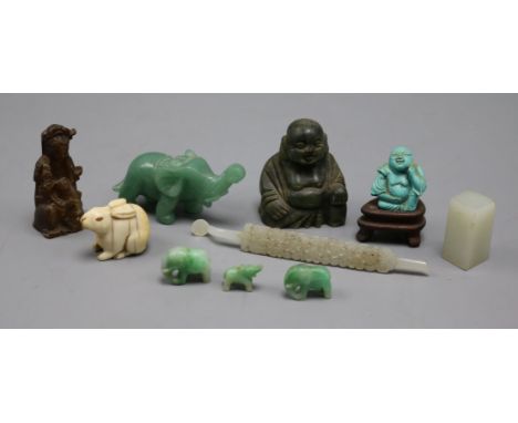 A Chinese jade ornament, three jadeite miniature elephants, other stone carvings and an ivory netsuke of a hare