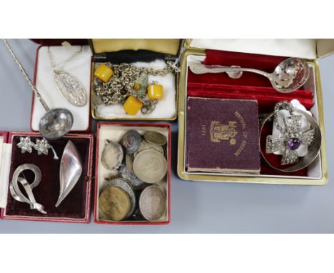 A silver (800) long spoon with wrythen stem, Turkish coin bowl and crown terminal, two other silver spoons and sundries, incl