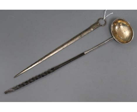 A Georgian silver toddy ladle and a George III silver meat skewer.