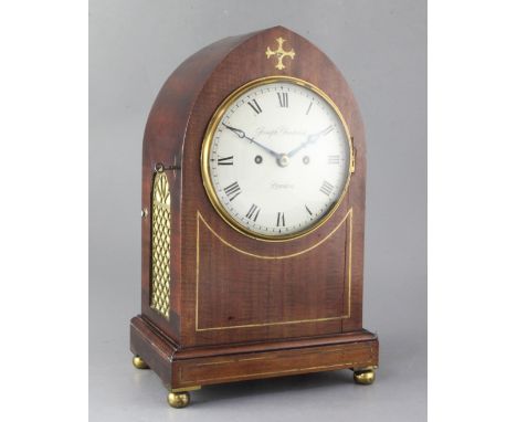 A Regency mahogany lancet cased bracket clock, Joseph Chadwick, London, the case with brass stringing and reticulated side fr
