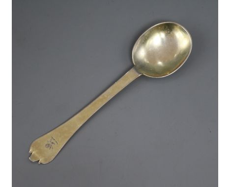 A late 17th/early 18th century silver giltdog nose spoon, indistinct marks, 18cm.