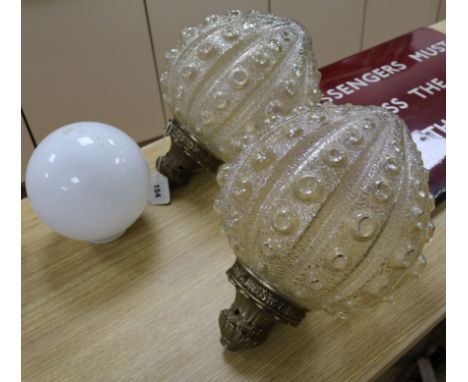 A pair of glass light fittings length approx. 37cm