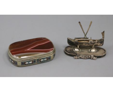 An agate lid snuff box and model white metal Maltese boat.