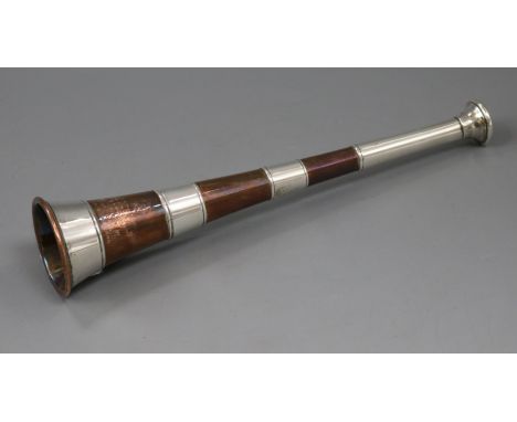 A late Victorian silver mounted copper hunting horn, 22.3cm.