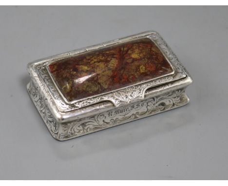 A late 18th/early 19th century Scottish engraved white metal and jasper mounted snuff box, maker's mark RF stamped three time