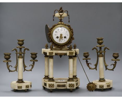 A white alabaster portico clock and garniture height 39.5cm