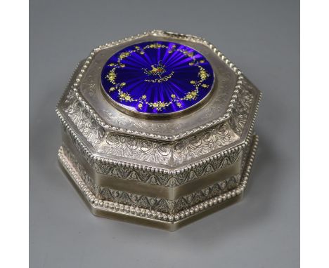 A George V embossed silver and enamel octagonal casket, by S. Blanckensee &amp; Sons Ltd, Chester, 1930, 11.5cm, gross 11.5 o