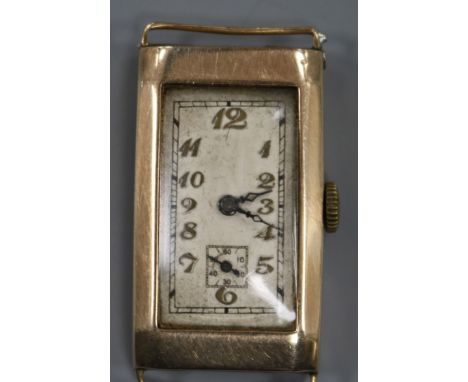 An early 20th century 9ct gold rectangular cased manual wind wrist watch, (no strap).