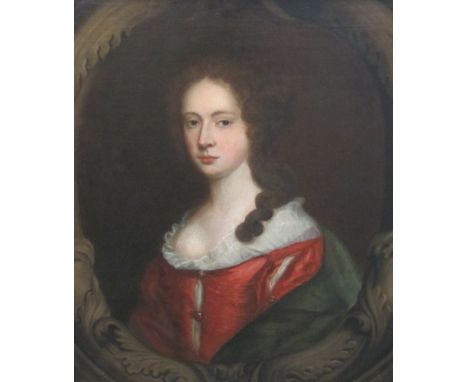 FOLLOWER OF MARY BEALE (1633-1699)Portrait of a Lady, quarter-lengthwearing a red  lace trimmed dress and olive green wrapoil