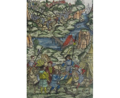 GERMAN SCHOOL, early 16th CenturyThe Suppression of the Revolt of the Treviriwoodcut, later coloured9 x 6 in  (22.8 x 15.2cm)