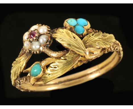 A 19th Century Ruby, Turquoise and Seed Pearl Ring the foliate mount set circular-cut ruby within seed pearls, and four turqu